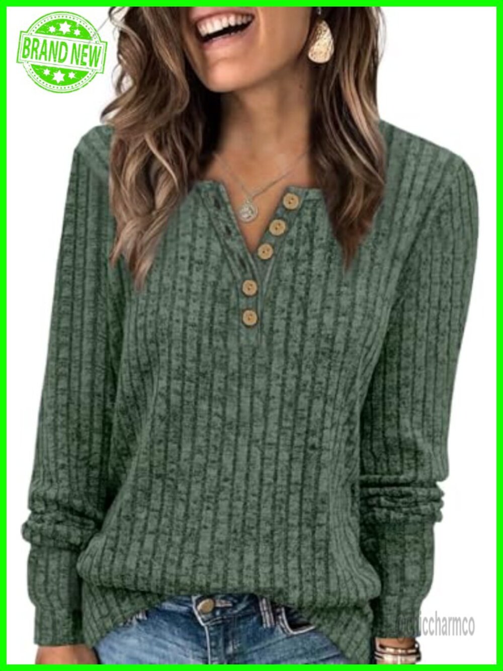 Womens Ribbed Knit Henley Sweater V Neck Button Pullover Long Sleeve